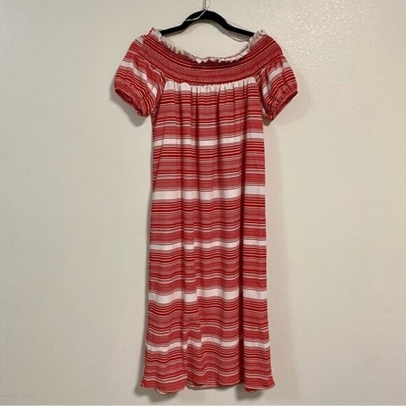 Zara Dress Women’s Size Small Red & White stripped Off the Shoulder MIDI Dress - Picture 6 of 8